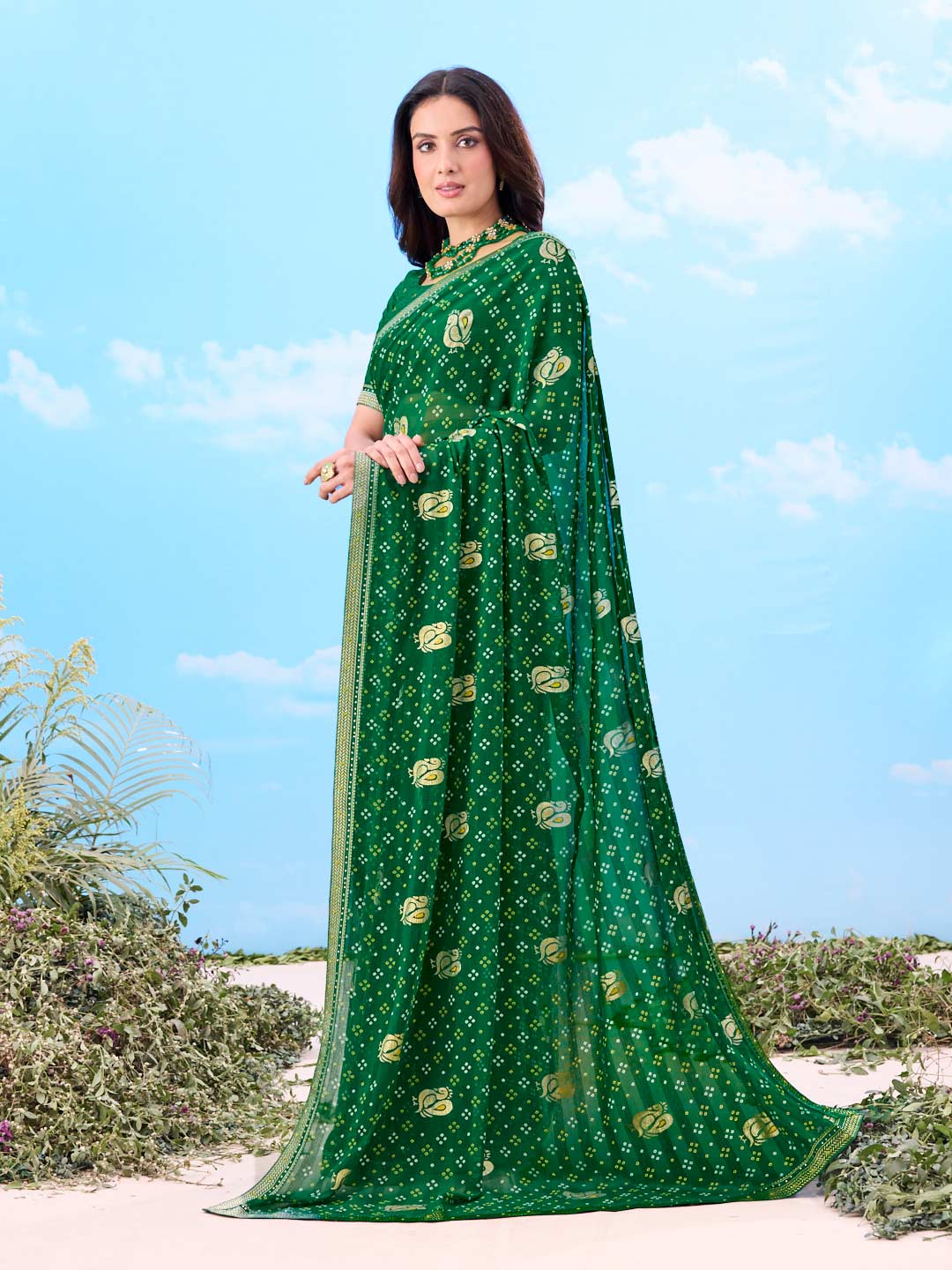 Laxmipati Gulshan Green Georgette Bandhani Printed Saree