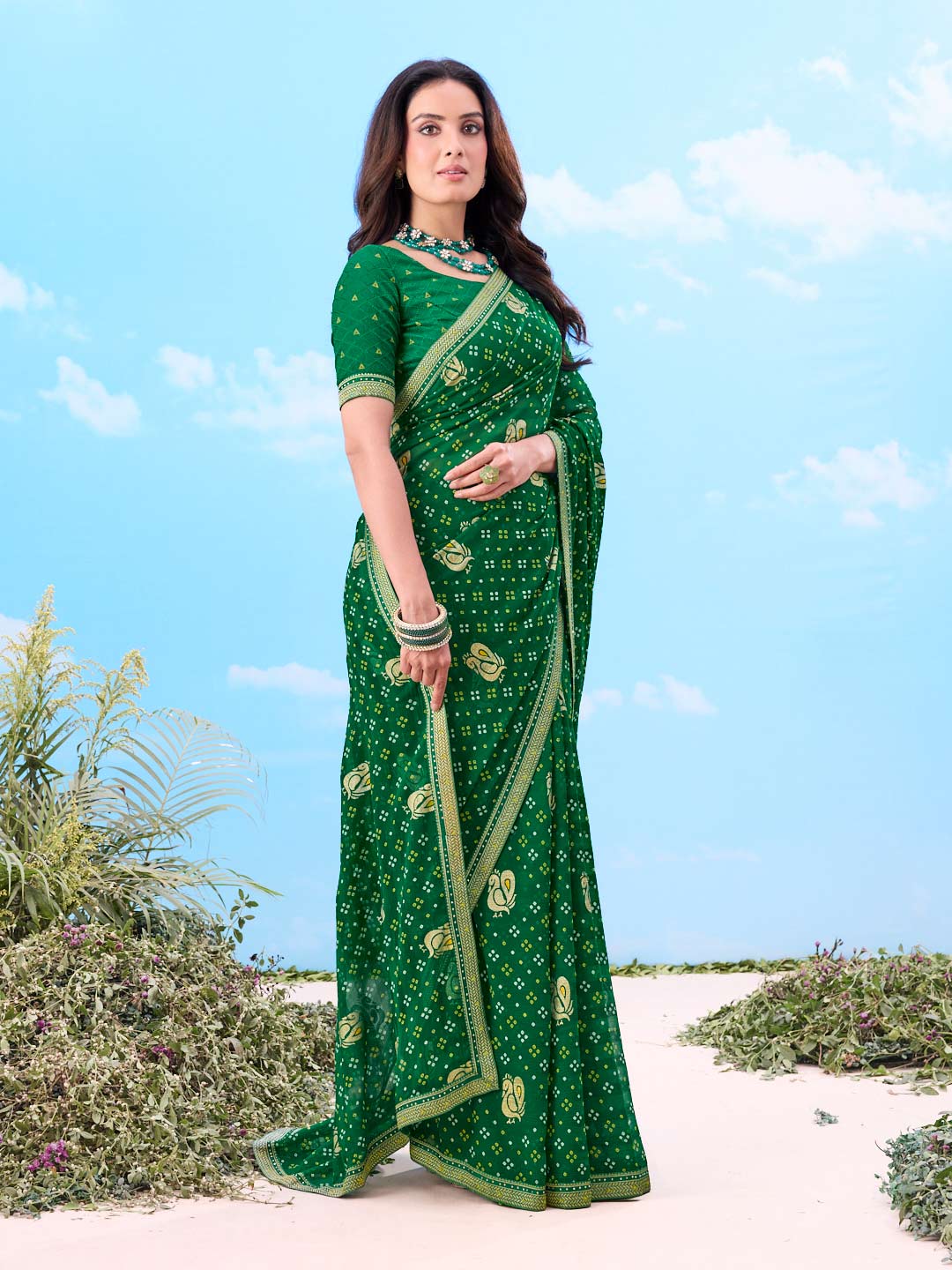 Laxmipati Gulshan Green Georgette Bandhani Printed Saree