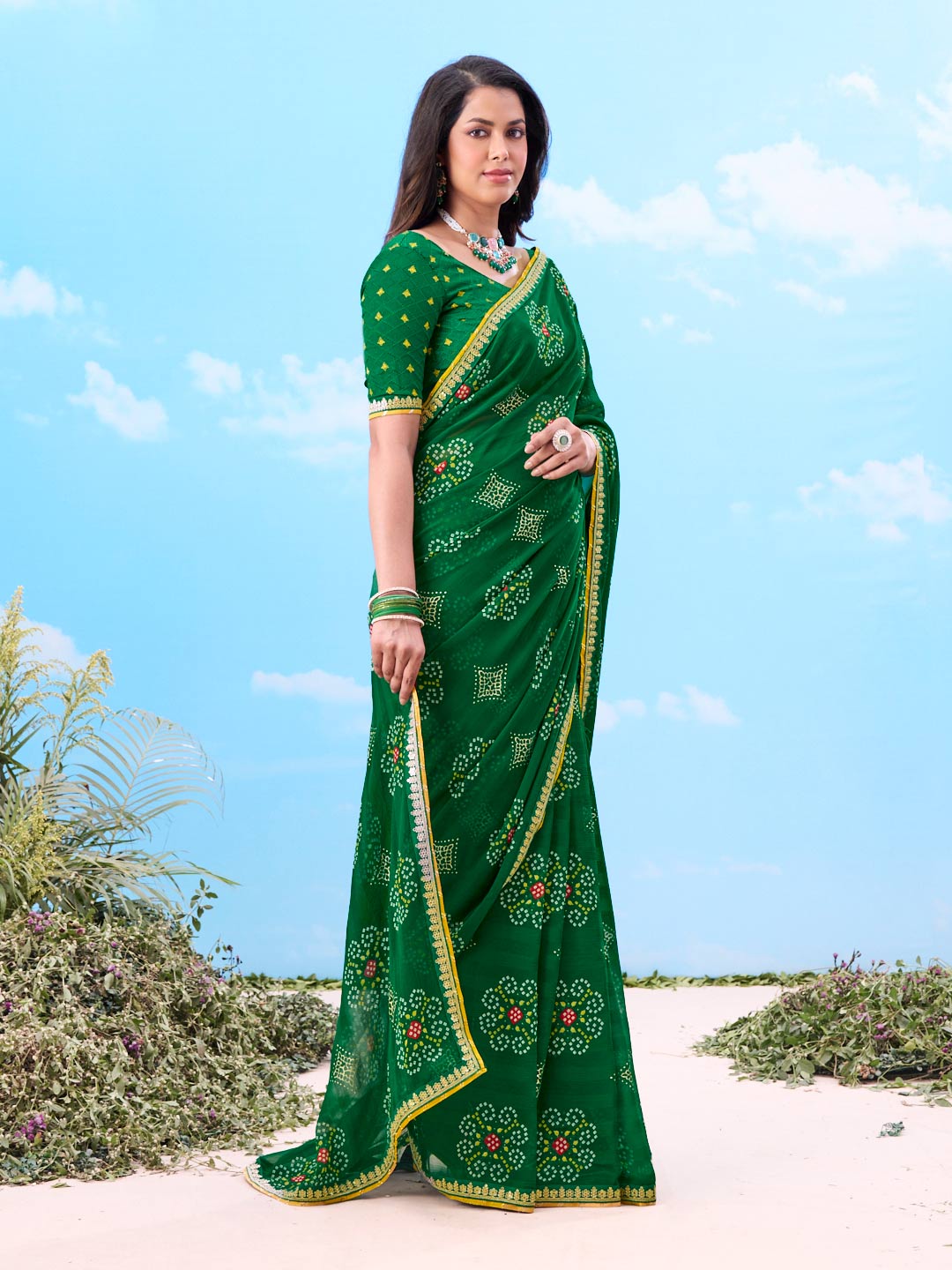 Laxmipati Gulshan Green Georgette Bandhani Printed Saree