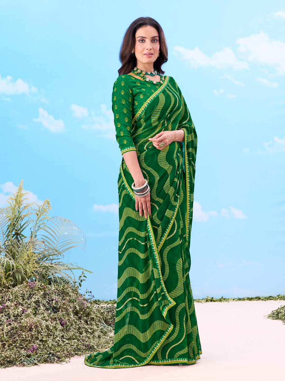 Laxmipati Gulshan Green Georgette Wavy Printed Saree