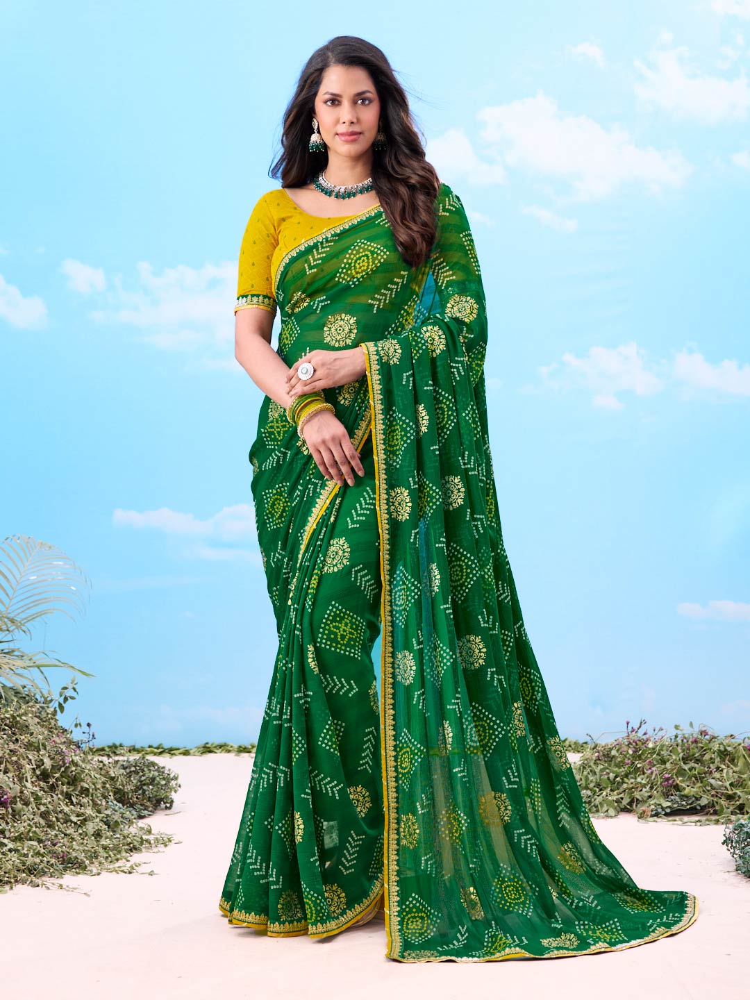 Laxmipati Gulshan Green Georgette Bandhani Printed Saree