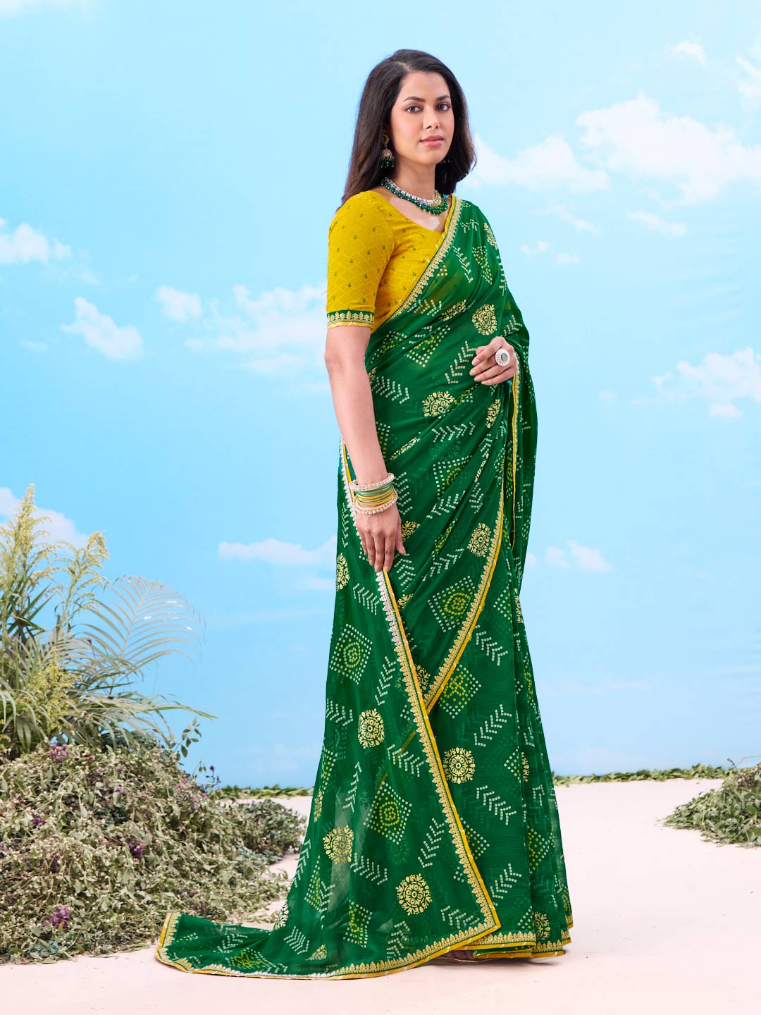 Laxmipati Gulshan Green Georgette Bandhani Printed Saree