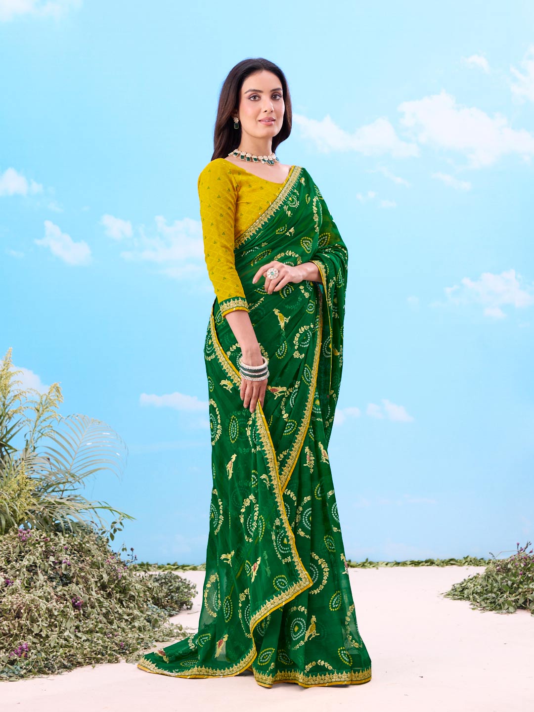 Laxmipati Gulshan Green Georgette Bandhani Printed Saree