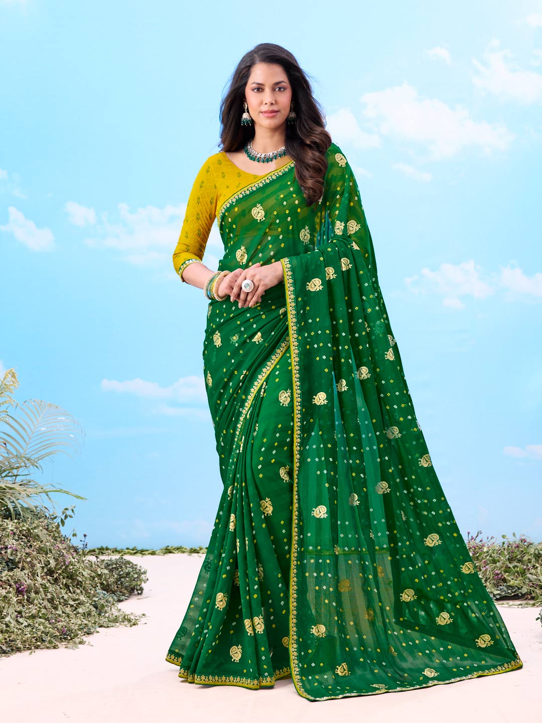 Laxmipati Gulshan Green Georgette Bandhani Printed Saree