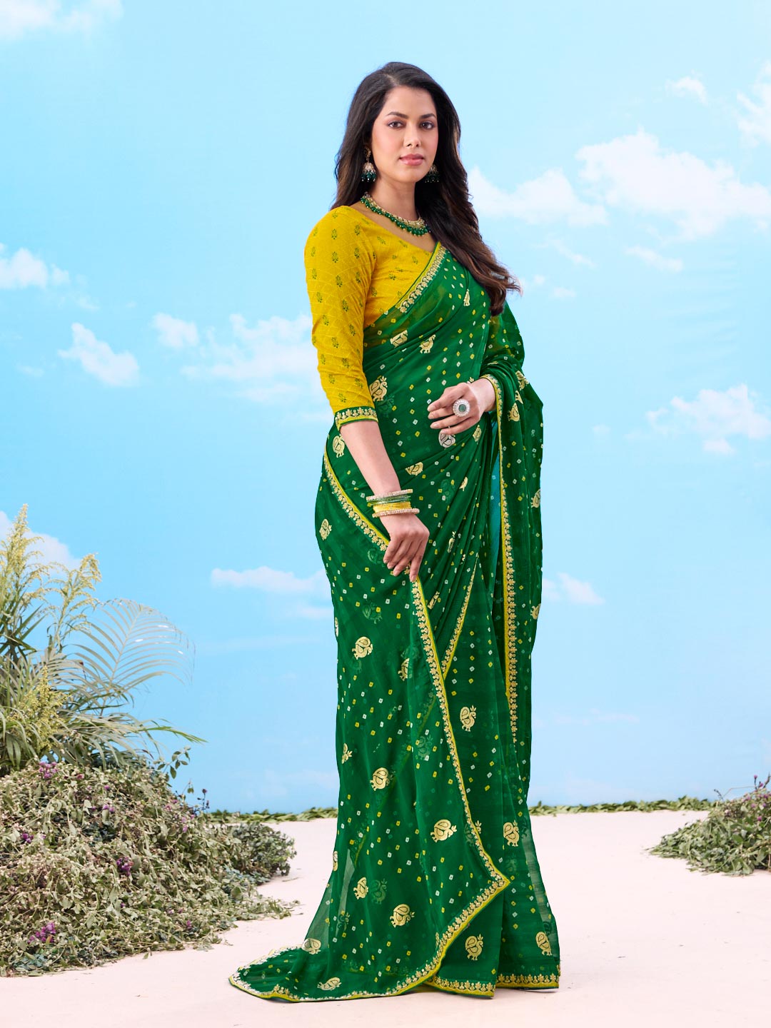 Laxmipati Gulshan Green Georgette Bandhani Printed Saree