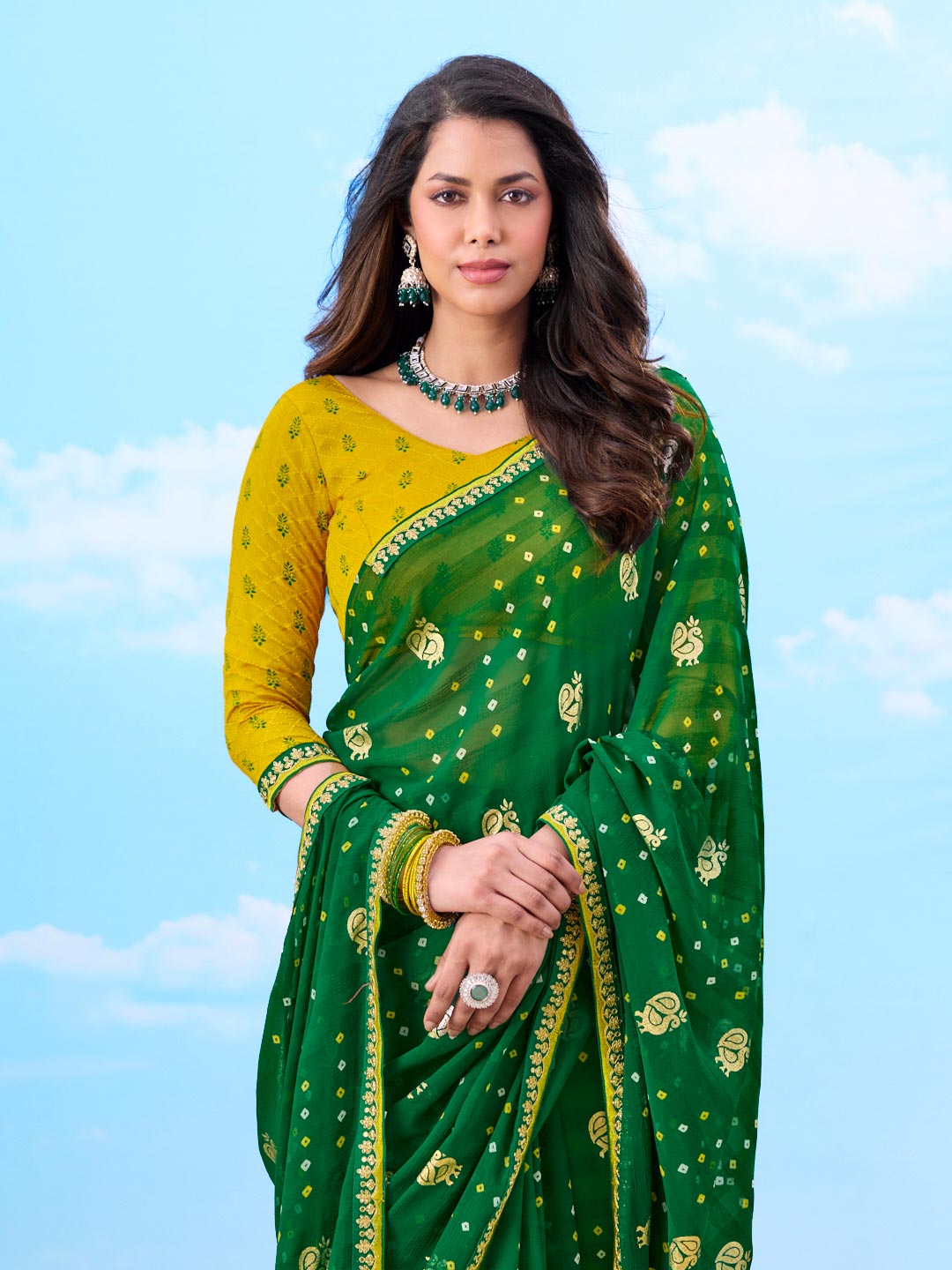 Laxmipati Gulshan Green Georgette Bandhani Printed Saree