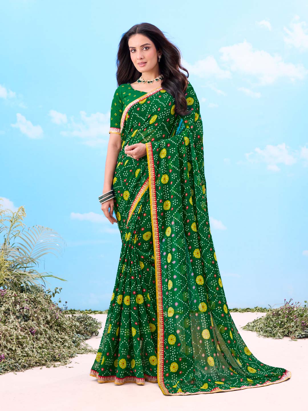Laxmipati Gulshan Green Georgette Bandhani Printed Saree