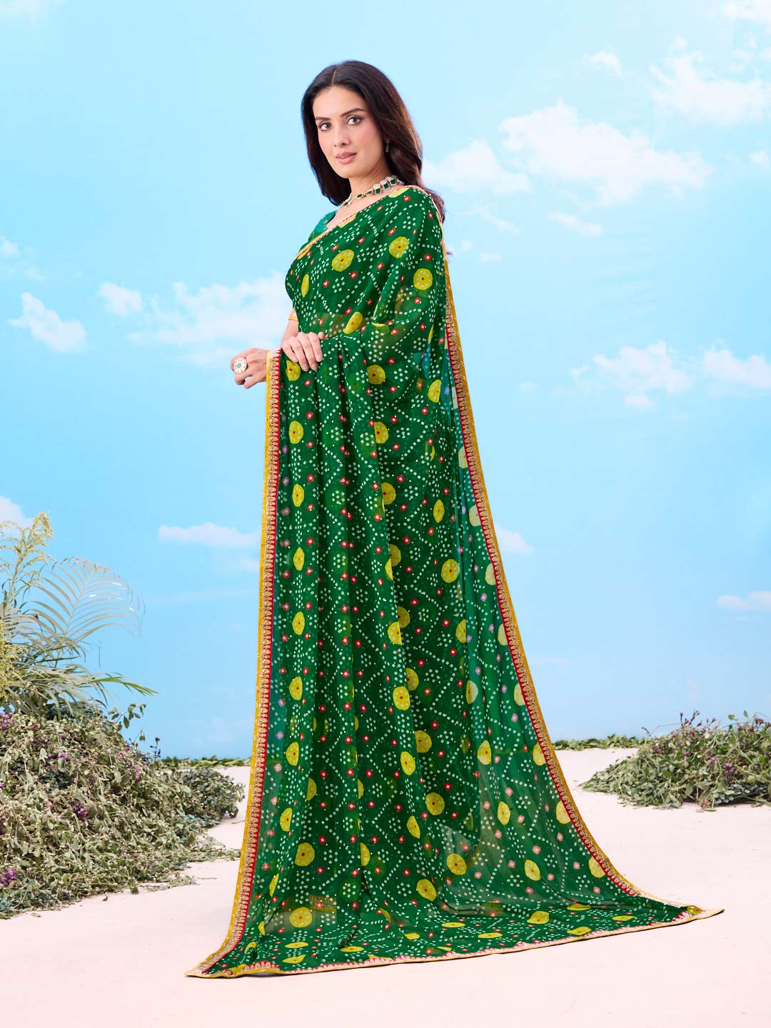 Laxmipati Gulshan Green Georgette Bandhani Printed Saree