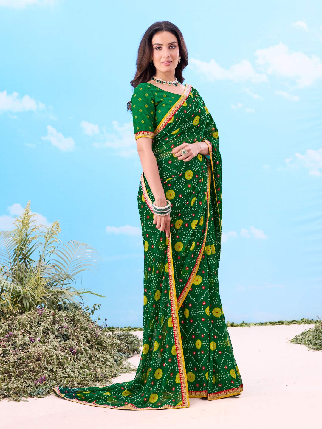 Laxmipati Gulshan Green Georgette Bandhani Printed Saree