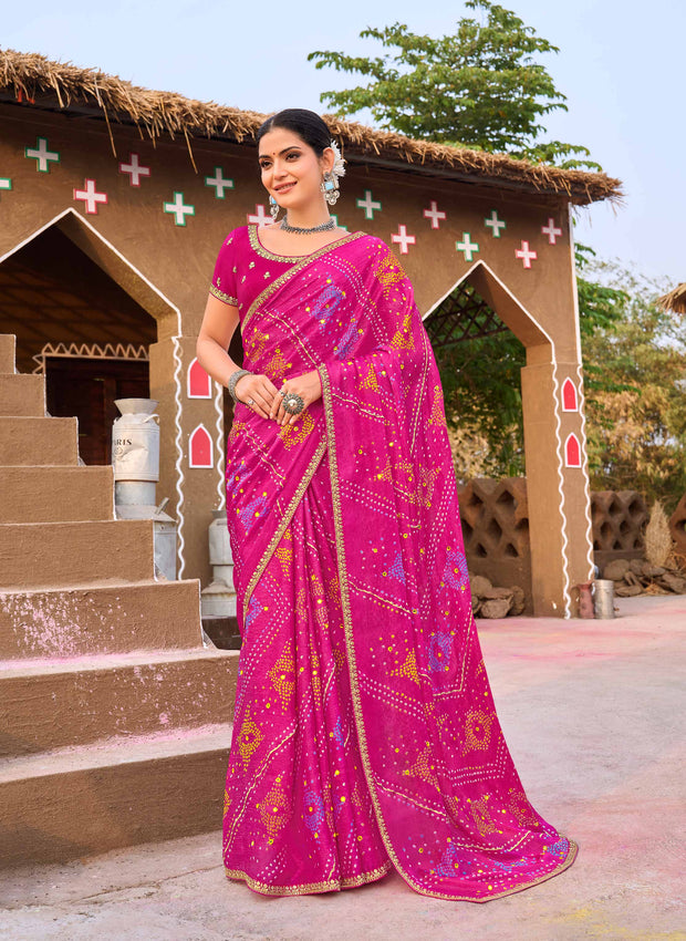 Laxmipati Khidki Pink Chiffon Bandhani Embroidered Saree
