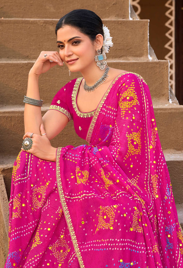Laxmipati Khidki Pink Chiffon Bandhani Embroidered Saree