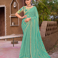 Laxmipati Khidki Green Silk Blend Striped Printed Saree