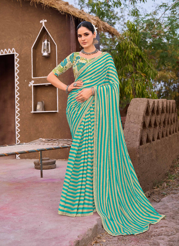 Laxmipati Khidki Green Silk Blend Striped Printed Saree