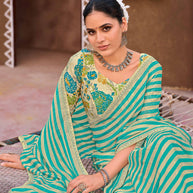 Laxmipati Khidki Green Silk Blend Striped Printed Saree