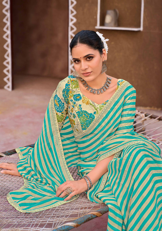 Laxmipati Khidki Green Silk Blend Striped Printed Saree
