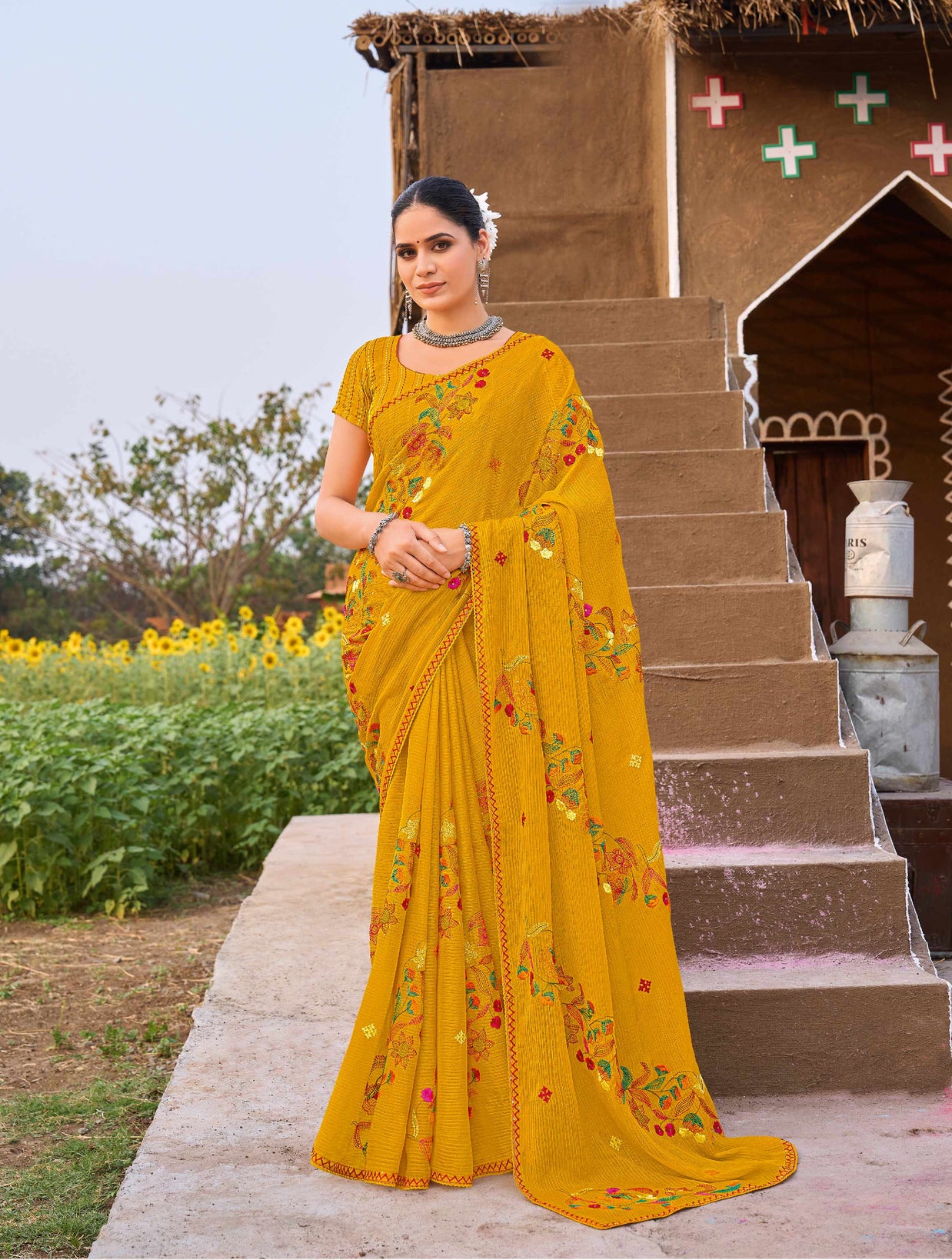 Laxmipati Khidki Mustard Chiffon Floral Embroidered Saree