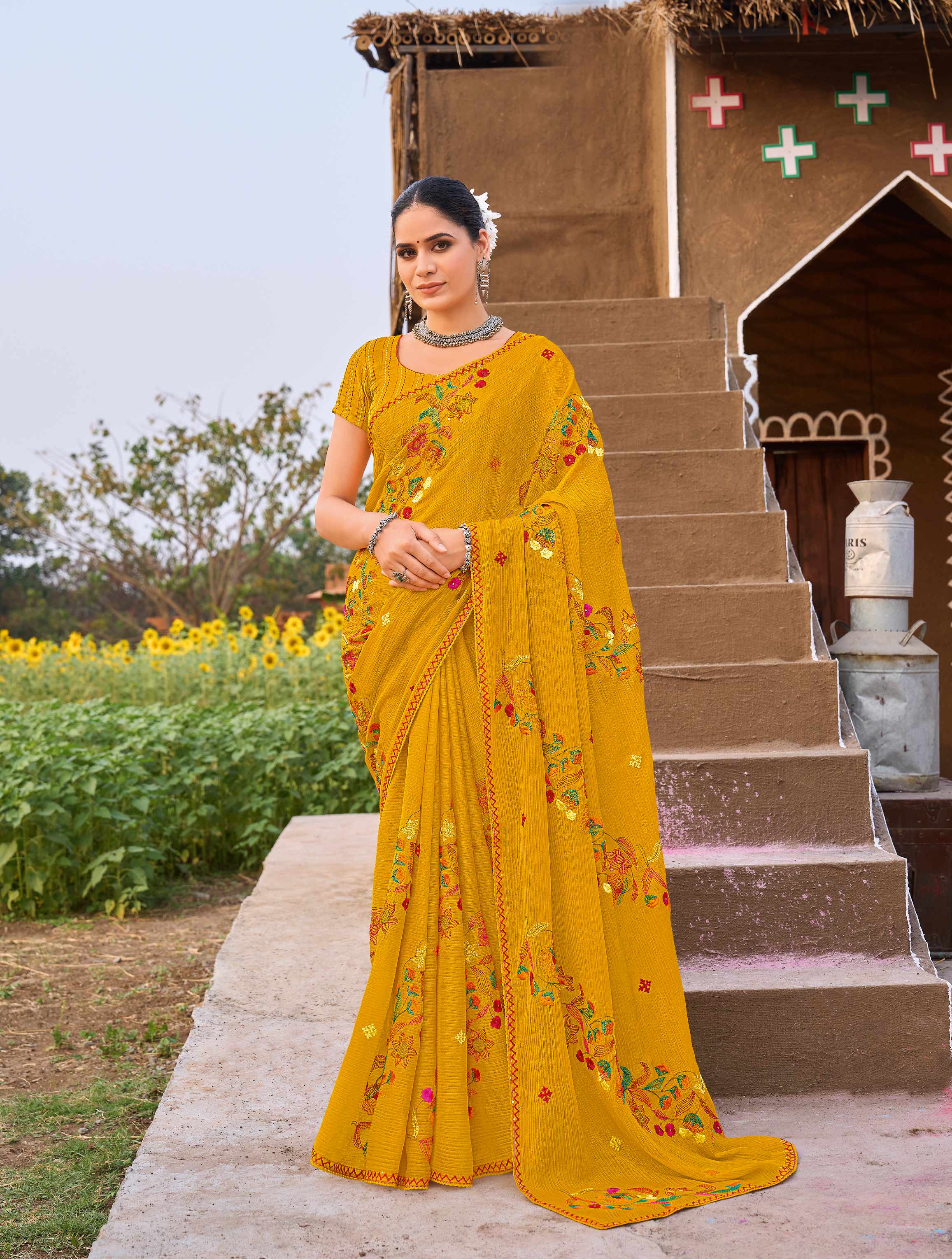 Laxmipati Khidki Mustard Chiffon Floral Embroidered Saree