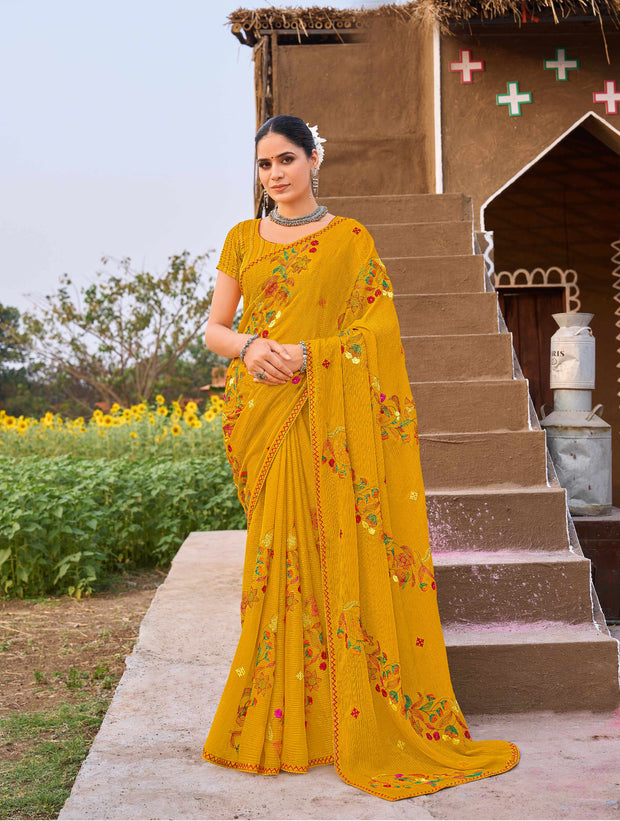Laxmipati Khidki Mustard Chiffon Floral Embroidered Saree
