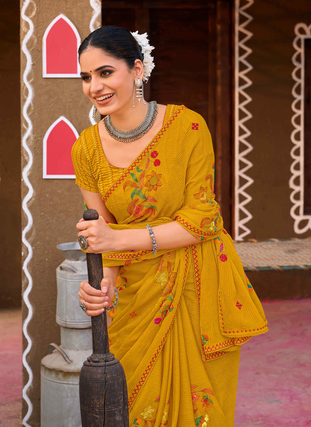 Laxmipati Khidki Mustard Chiffon Floral Embroidered Saree