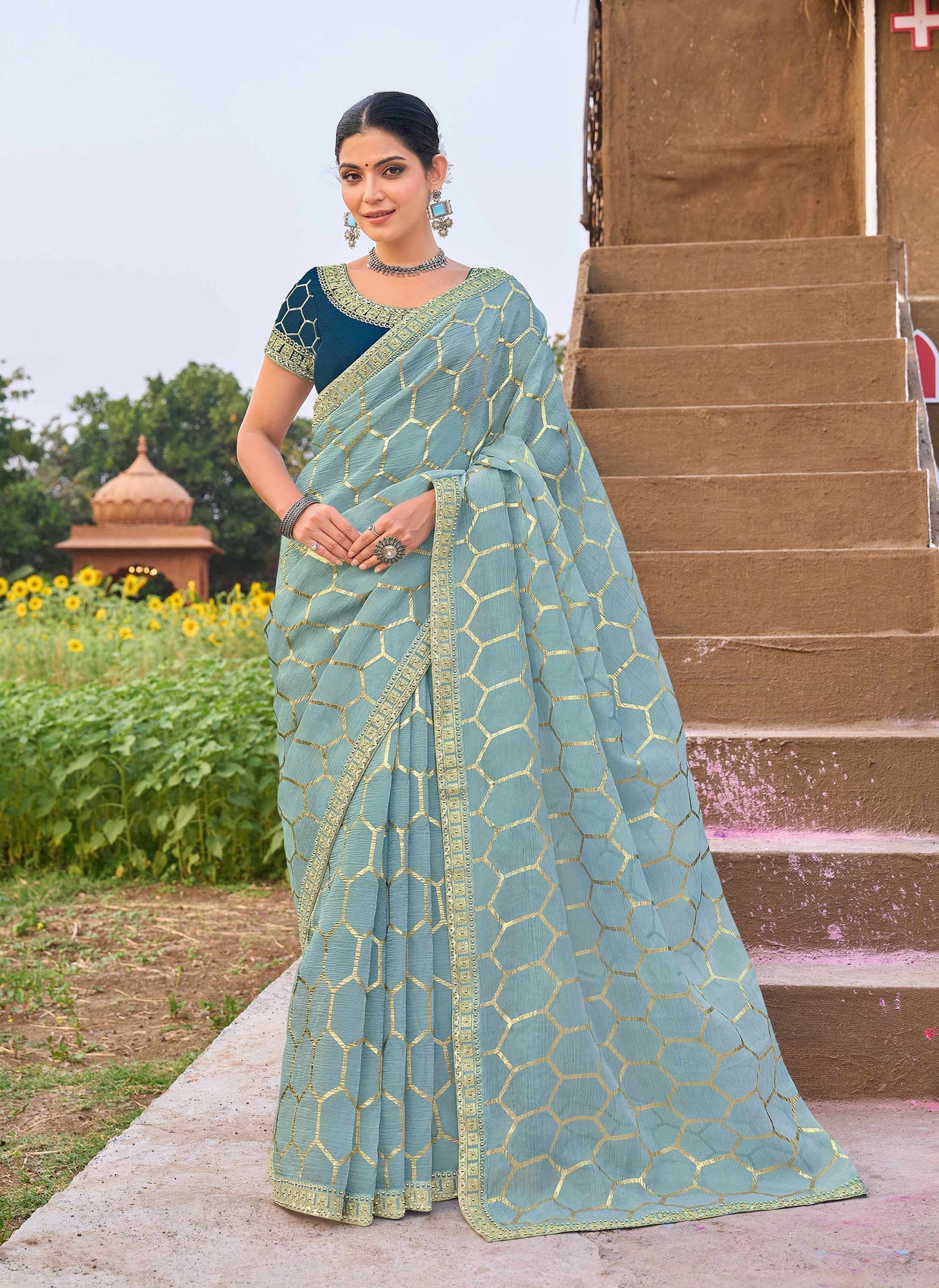 Laxmipati Khidki Blue Silk Blend Geometric Embroidered Saree