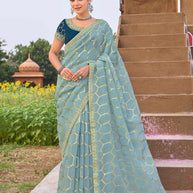 Laxmipati Khidki Blue Silk Blend Geometric Embroidered Saree