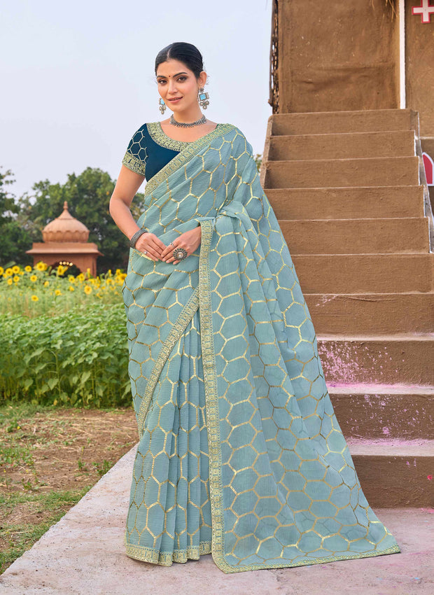 Laxmipati Khidki Blue Silk Blend Geometric Embroidered Saree