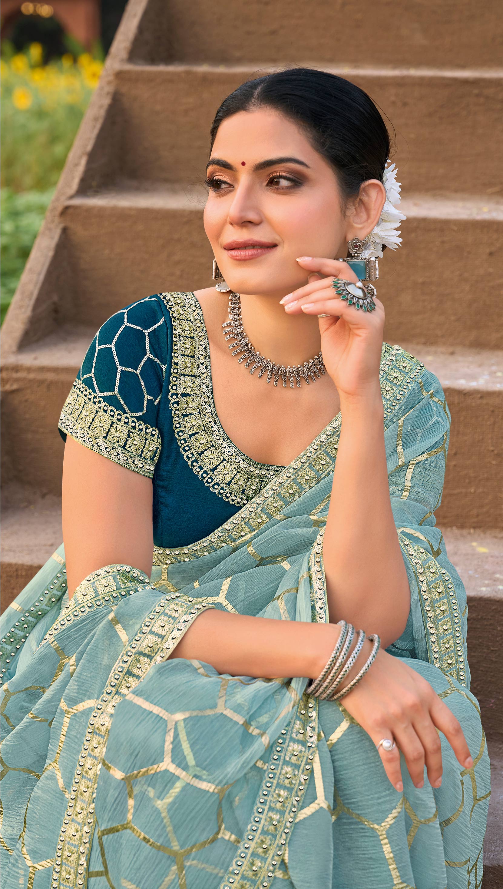 Laxmipati Khidki Blue Silk Blend Geometric Embroidered Saree