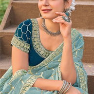 Laxmipati Khidki Blue Silk Blend Geometric Embroidered Saree