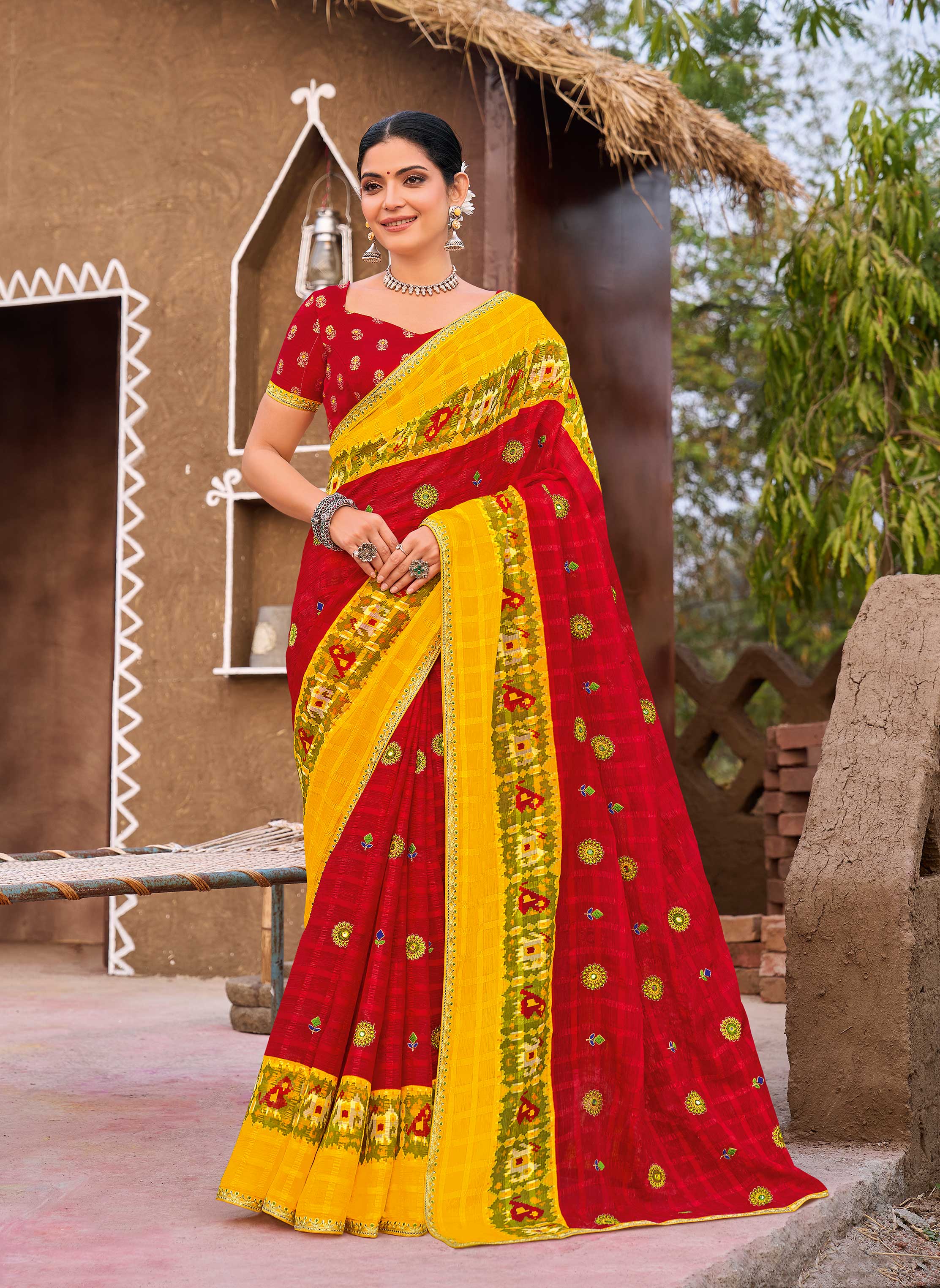 Laxmipati Khidki Red Chiffon Embroidered Saree