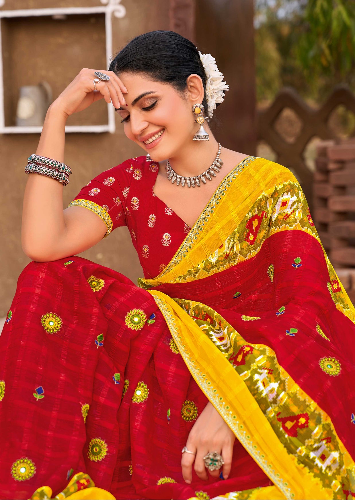 Laxmipati Khidki Red Chiffon Embroidered Saree