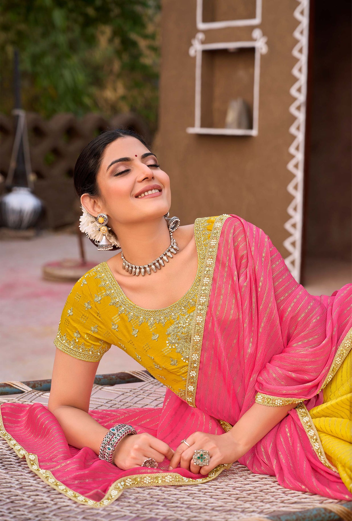 Laxmipati Khidki Pink Chiffon Embroidered Saree