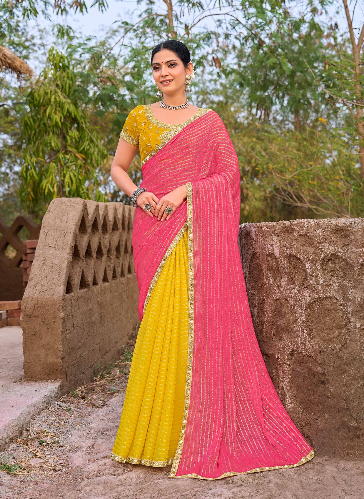 Laxmipati Khidki Pink Chiffon Embroidered Saree