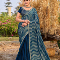 Laxmipati Khidki Blue Silk Blend Striped Embroidered Saree