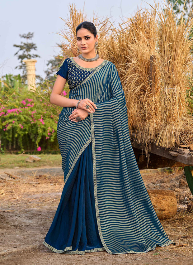 Laxmipati Khidki Blue Silk Blend Striped Embroidered Saree