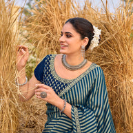 Laxmipati Khidki Blue Silk Blend Striped Embroidered Saree