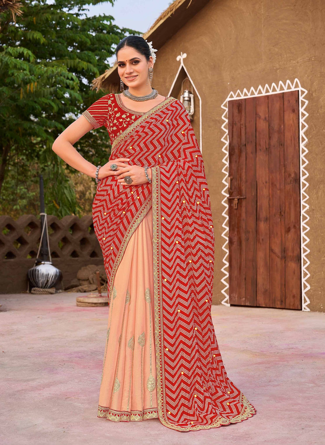 Laxmipati Khidki Red Chiffon Embroidered Saree