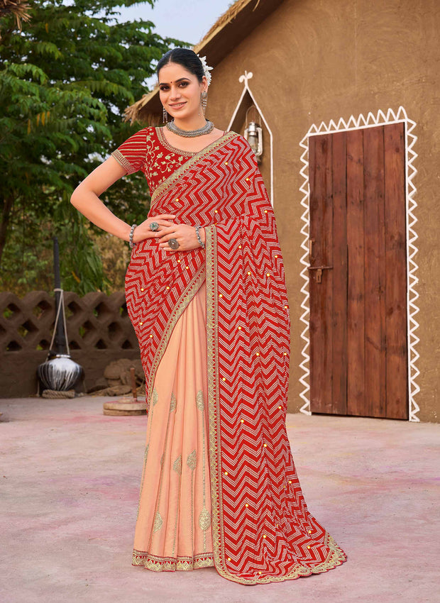 Laxmipati Khidki Red Chiffon Embroidered Saree