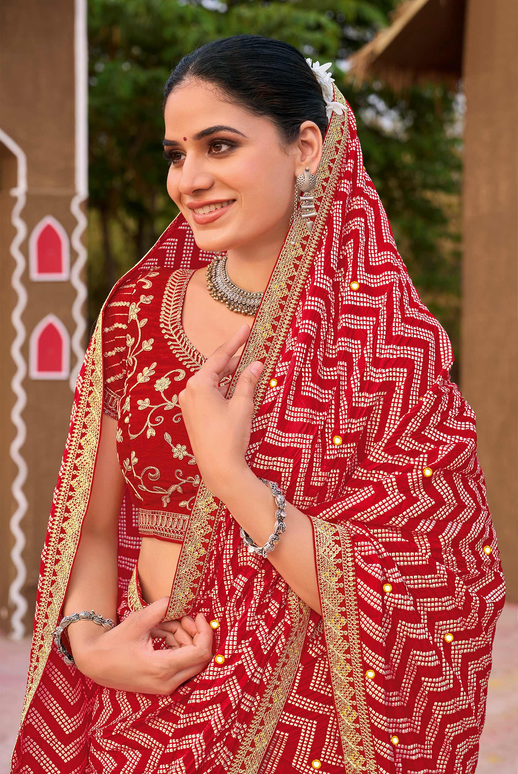 Laxmipati Khidki Red Chiffon Embroidered Saree