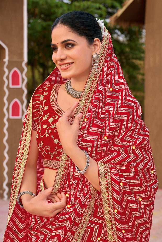 Laxmipati Khidki Red Chiffon Embroidered Saree