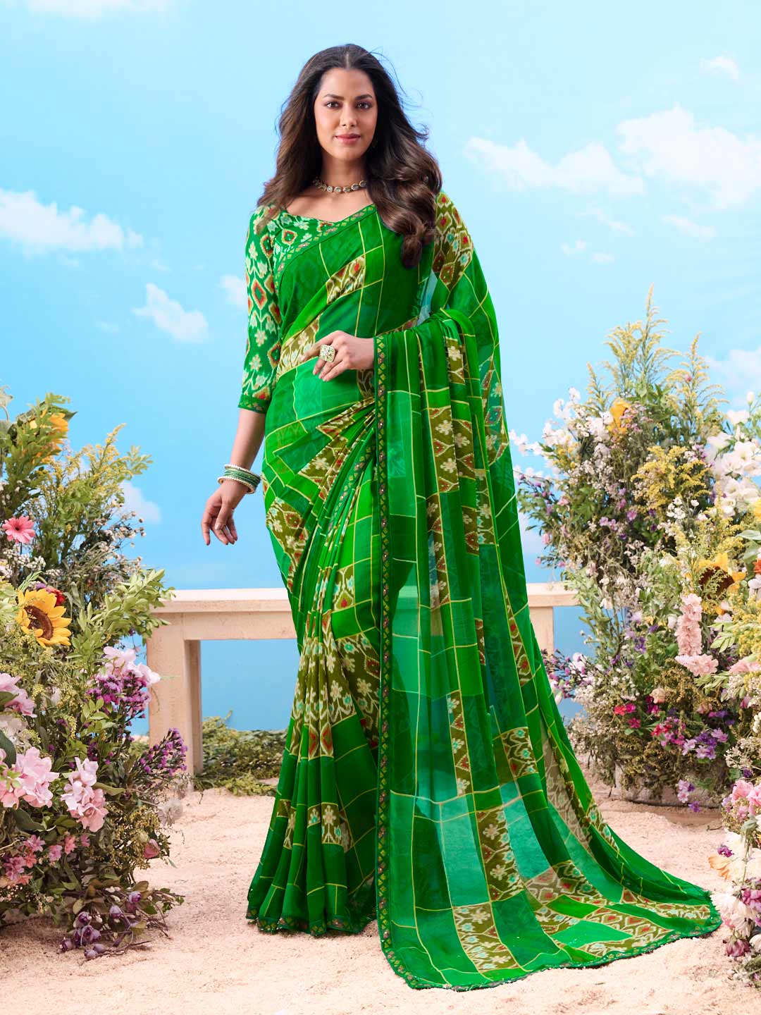 Green printed georgette saree daily wear