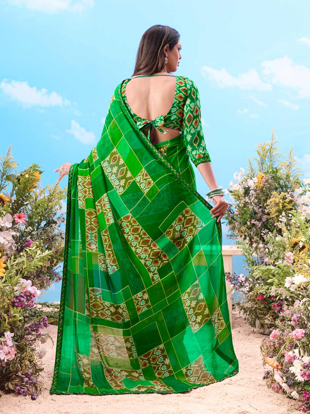 Green plain georgette saree daily wear