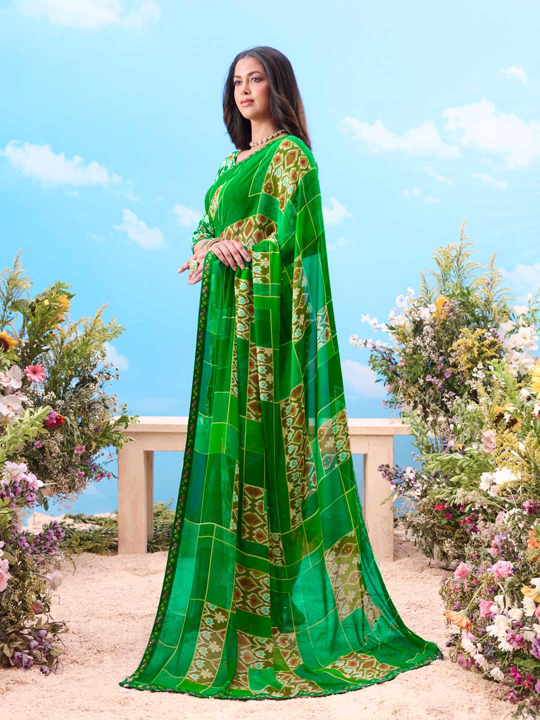 Green printed georgette saree office wear