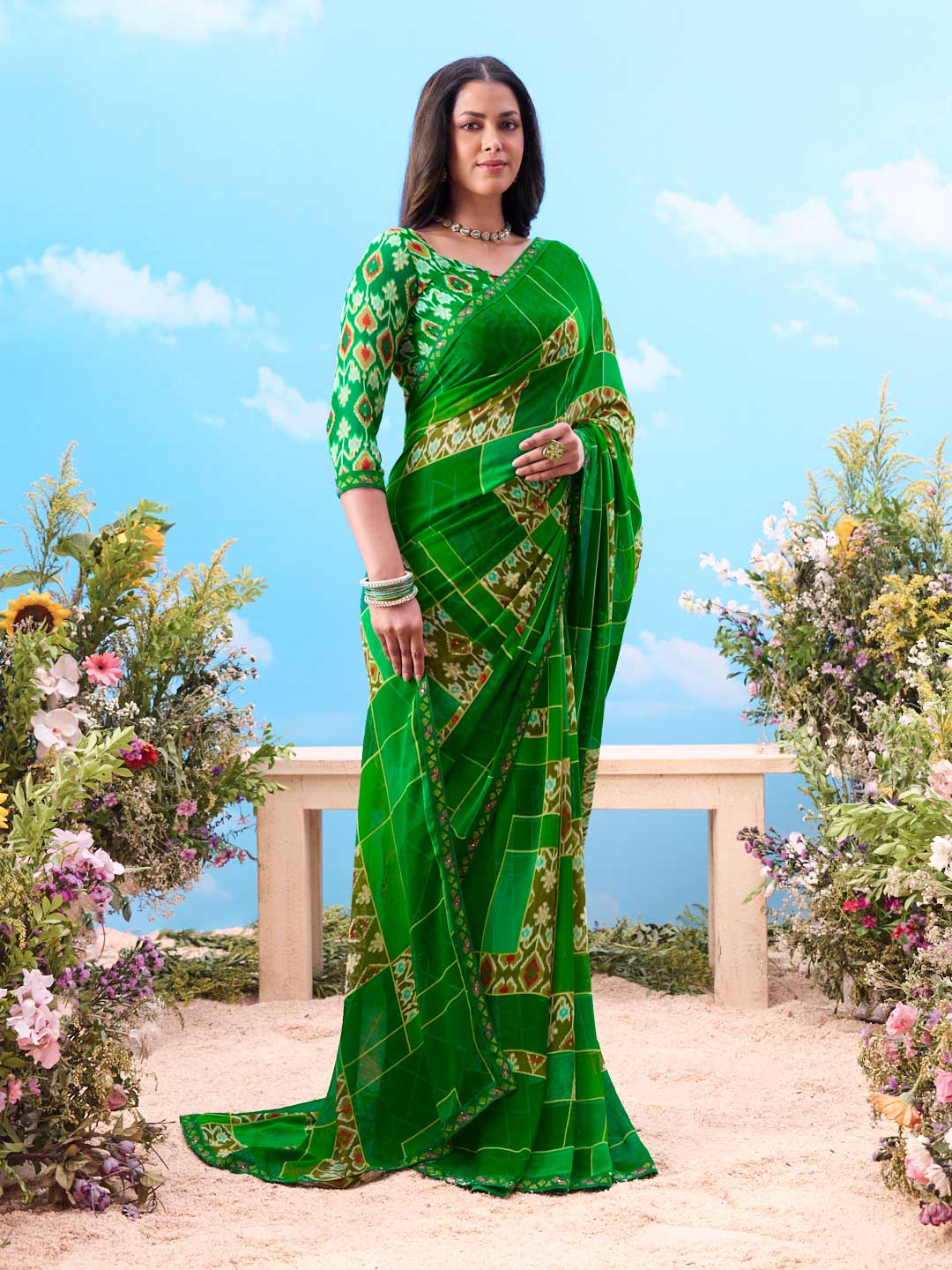 Green printed georgette saree casual wear
