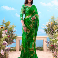 Green printed georgette saree casual wear