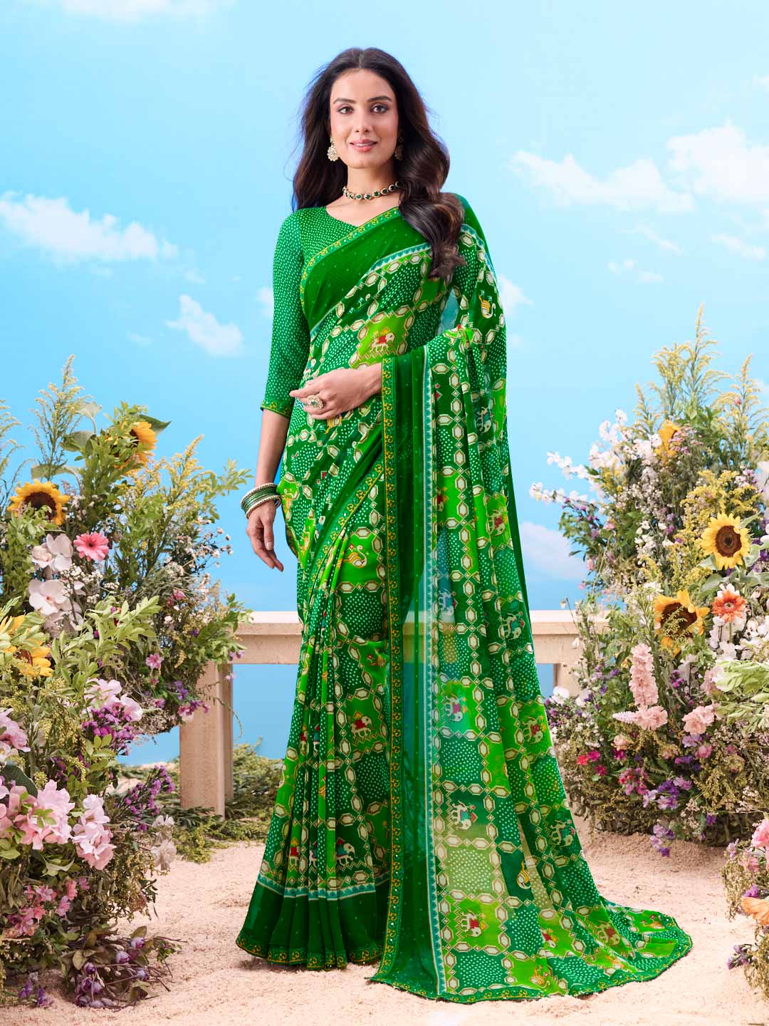 Green bandhani printed cotton saree ethnic wear