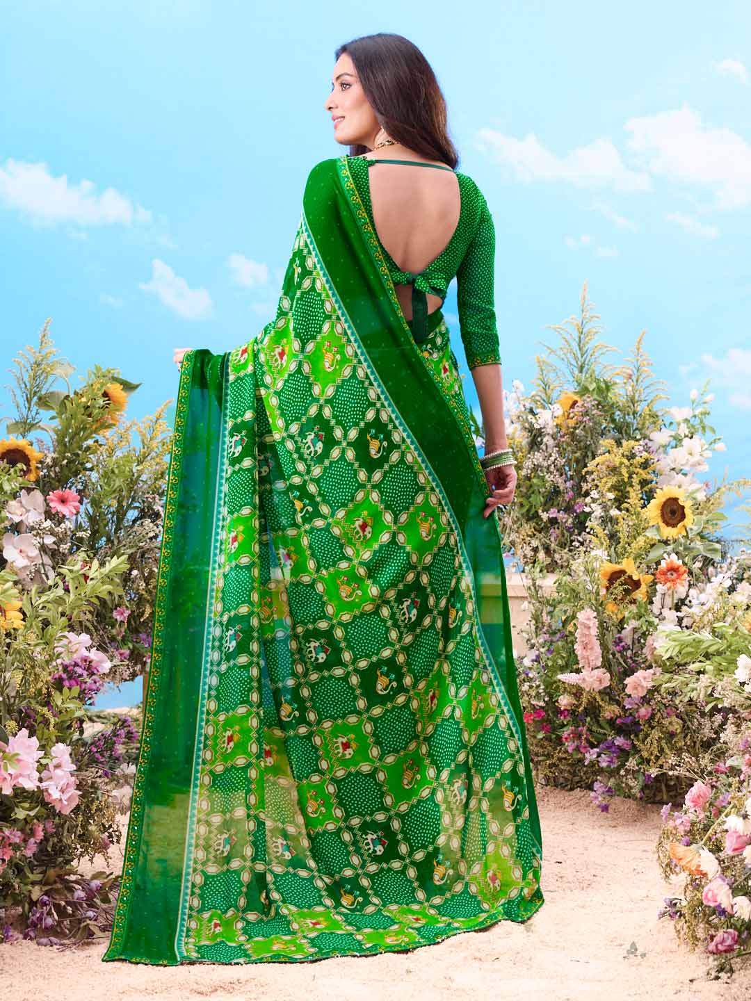 Green bandhani printed cotton saree daily wear