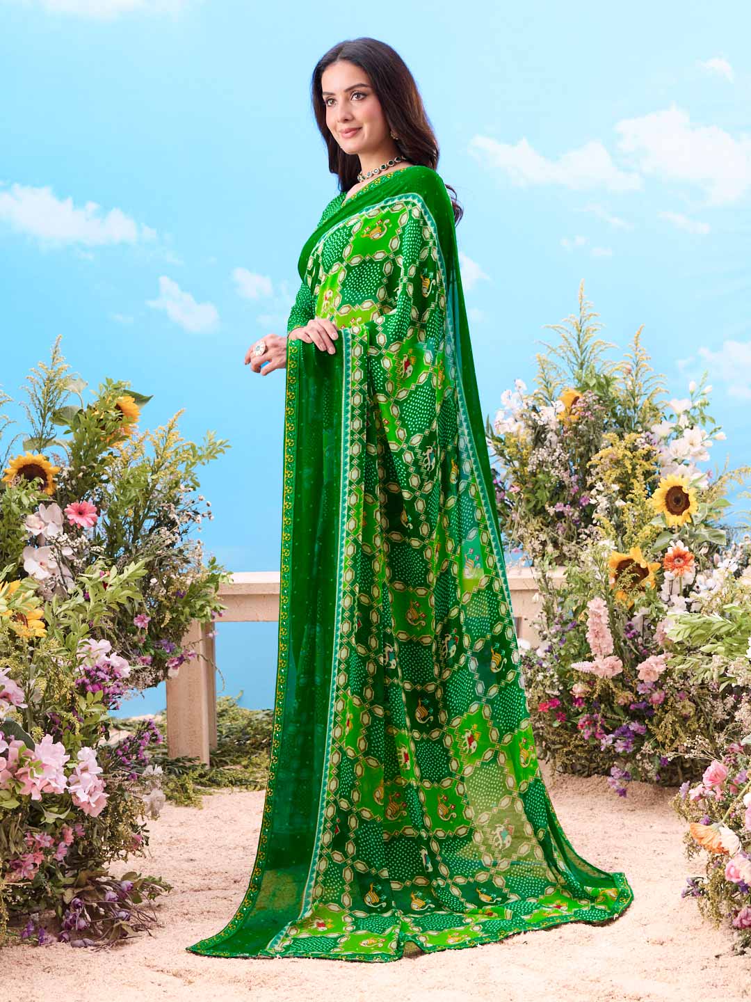 Green bandhani dotted cotton saree casual wear