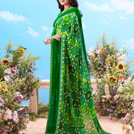 Green bandhani dotted cotton saree casual wear