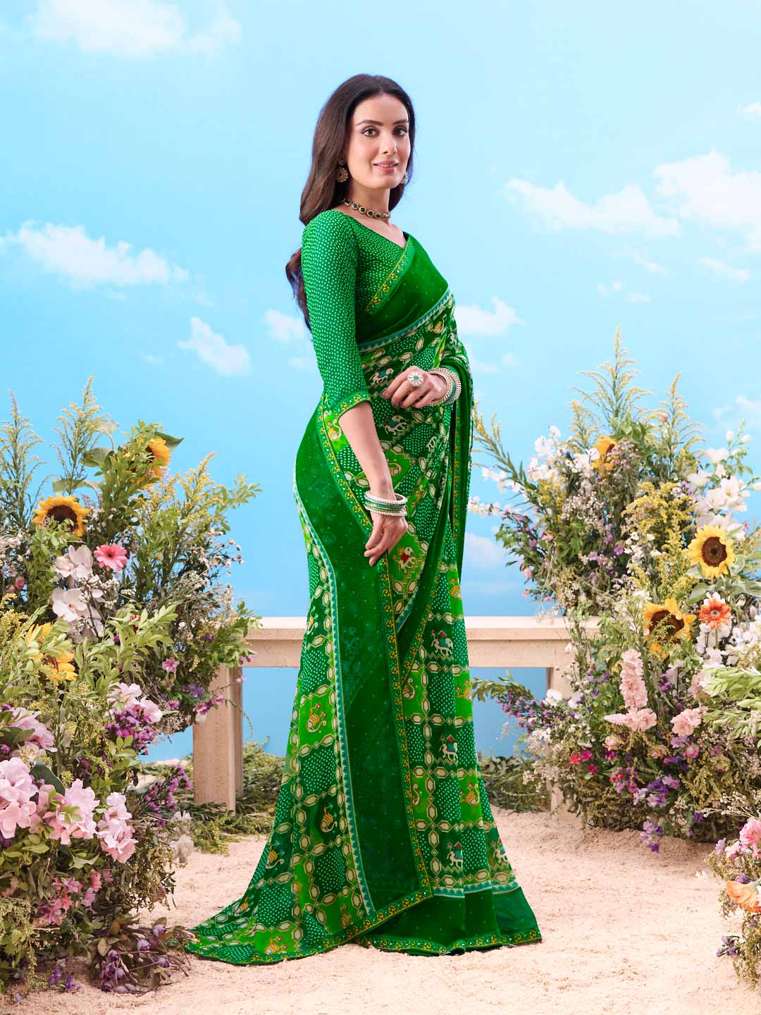 Green bandhani printed cotton saree traditional wear