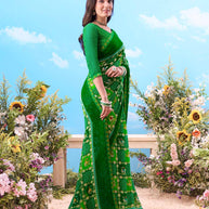 Green bandhani printed cotton saree traditional wear